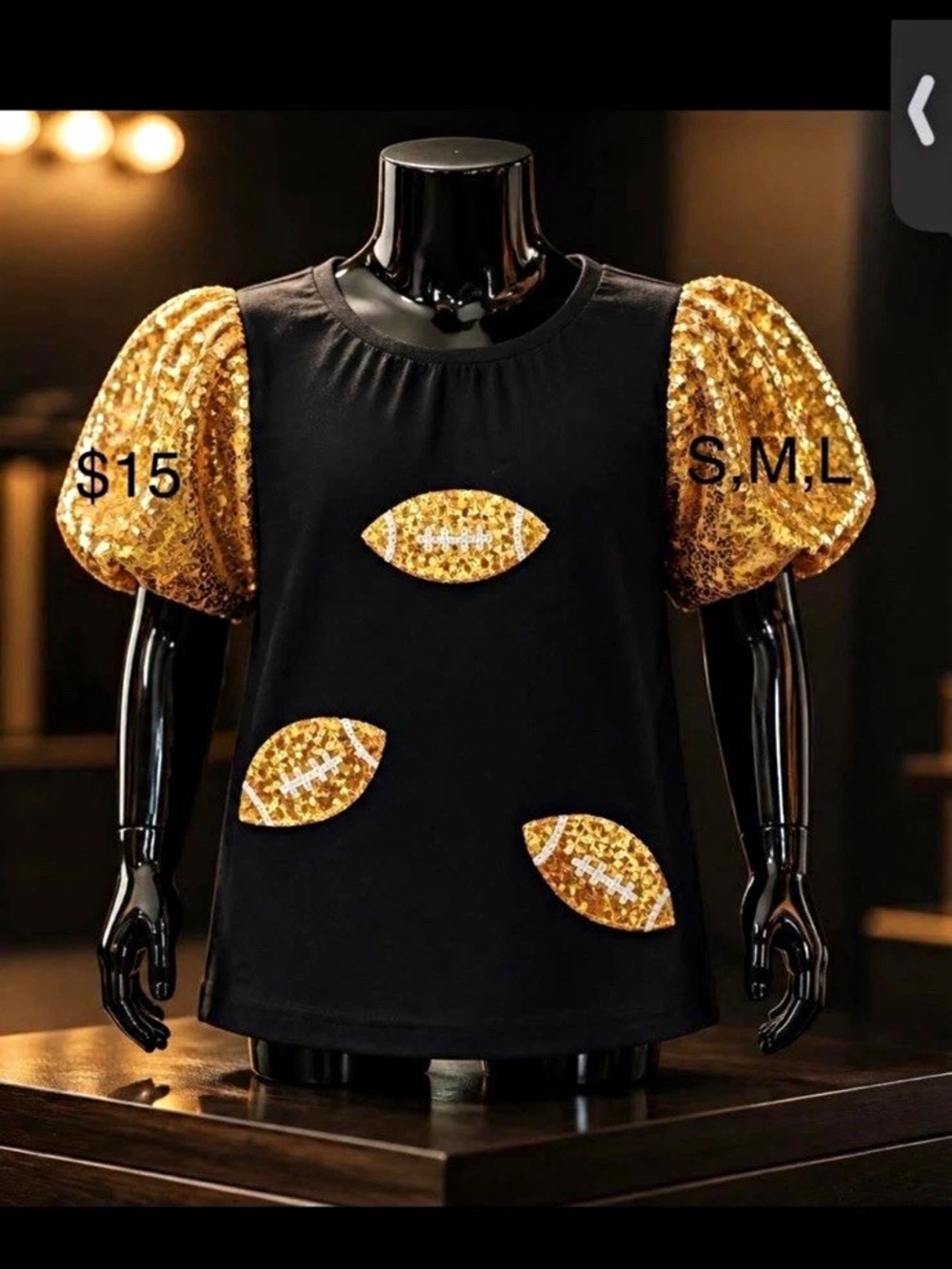 Women’s Black Football Graphic Tee Gold Sequin Puff Sleeves Crew Neck S,M,L